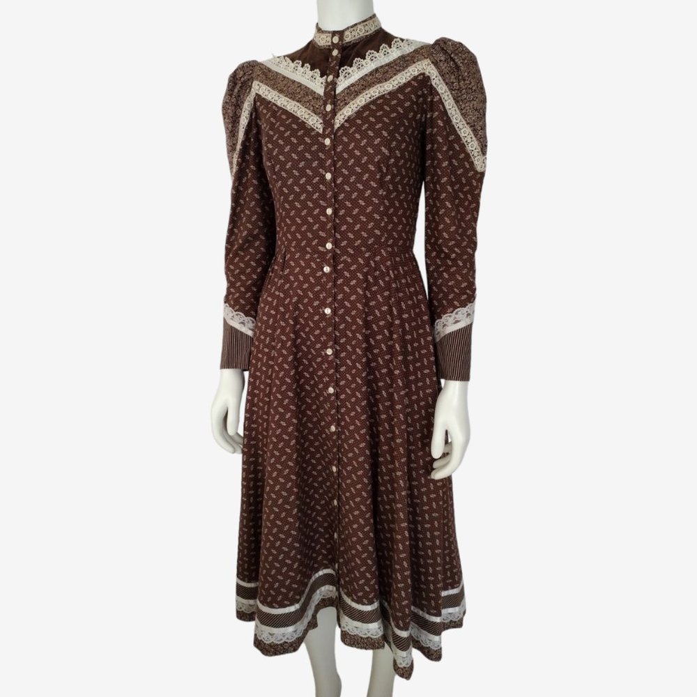 Vintage 70s Gunne Sax Brown Calico Puff Shoulder Button Down Prairie Dress - Picture 3 of 13